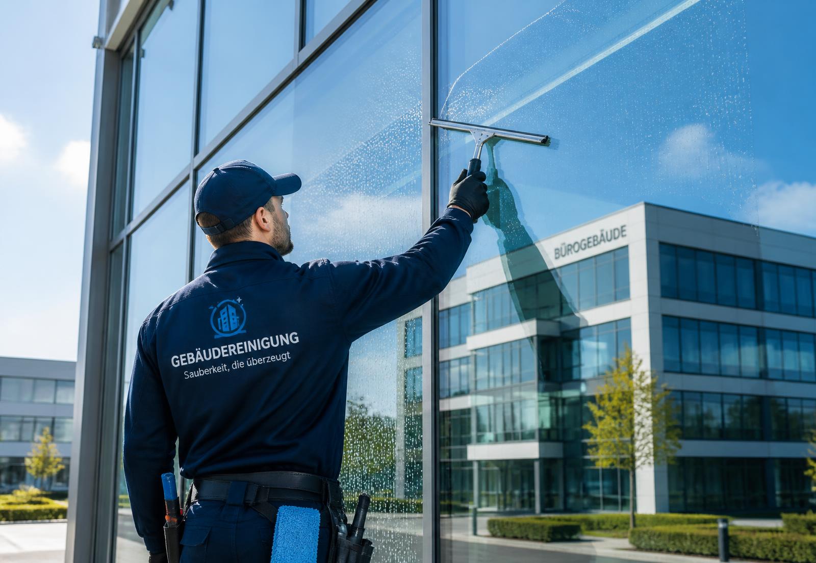 Reinigungskraft von RCS bei der professionellen Glasreinigung einer modernen Fassade